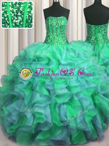 Beaded Bust Teal Quinceanera Gowns Military Ball and Quinceanera and For with Beading and Ruffles Sweetheart Sleeveless Lace Up