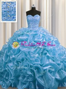 Court Train Baby Blue Sleeveless Floor Length Beading and Pick Ups Lace Up Sweet 16 Quinceanera Dress