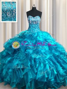 Sweetheart Sleeveless Brush Train Lace Up Ball Gown Prom Dress Teal Organza