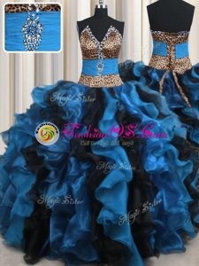 Suitable Leopard Two Tone V Neck Beading and Ruffles Sweet 16 Quinceanera Dress Blue And Black Lace Up Sleeveless Floor Length