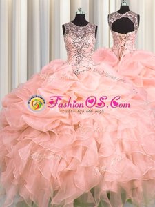 Fitting See Through Pink Ball Gowns Organza Scoop Sleeveless Beading and Ruffles and Pick Ups Floor Length Lace Up Ball Gown Prom Dress