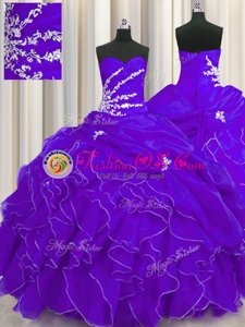 Elegant Purple Sleeveless Floor Length Beading and Appliques and Ruffles Lace Up Quinceanera Gowns