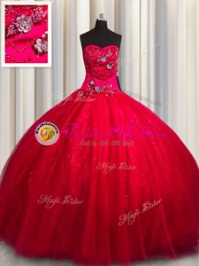 Super Red Ball Gowns Tulle and Sequined Sweetheart Sleeveless Beading and Appliques Floor Length Lace Up Quinceanera Dresses