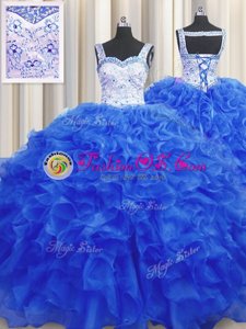 Royal Blue Lace Up Straps Beading 15 Quinceanera Dress Organza Sleeveless