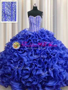 Visible Boning Royal Blue Organza Lace Up Sweetheart Sleeveless Floor Length Quinceanera Gowns Beading and Ruffles