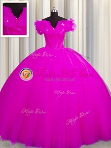 Romantic Fuchsia Ball Gowns Tulle Off The Shoulder Short Sleeves Ruching With Train Lace Up Sweet 16 Dresses Court Train