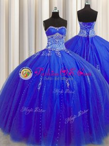 Puffy Skirt Royal Blue Tulle Lace Up Sweetheart Sleeveless Floor Length Vestidos de Quinceanera Beading and Appliques