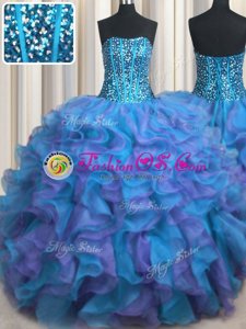 Visible Boning Bling-bling Floor Length Multi-color Quinceanera Gown Organza Sleeveless Beading and Ruffles