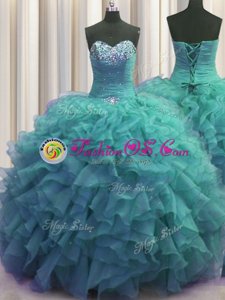 Wonderful Puffy Skirt Sleeveless Floor Length Beading and Sequins Lace Up Quince Ball Gowns with Fuchsia