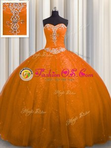 Court Train Sequined Rust Red Sleeveless With Train Beading and Appliques Lace Up 15th Birthday Dress