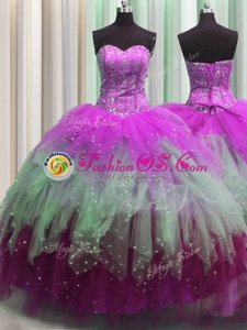 Tulle and Sequined Sleeveless Floor Length 15th Birthday Dress and Beading and Appliques