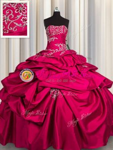 Customized Pick Ups Floor Length Hot Pink Quince Ball Gowns Strapless Sleeveless Lace Up