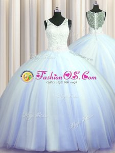 Lovely See Through Zipper Up Light Blue V-neck Zipper Beading and Appliques Sweet 16 Quinceanera Dress Brush Train Sleeveless