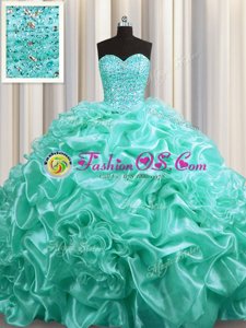 Aqua Blue Quinceanera Gown Military Ball and Sweet 16 and Quinceanera and For with Beading and Pick Ups Sweetheart Sleeveless Court Train Lace Up