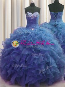 Beaded Bust Organza Sleeveless Floor Length Ball Gown Prom Dress and Beading and Ruffles