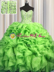 Visible Boning Brush Train Green Ball Gowns Beading and Ruffles Quince Ball Gowns Lace Up Organza Sleeveless With Train