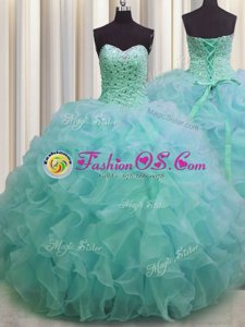 Suitable Sweetheart Sleeveless Lace Up Quinceanera Dress Green Organza