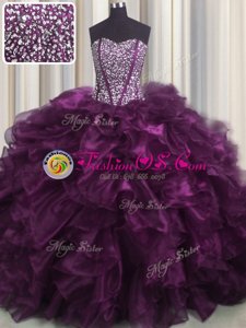 Lovely Visible Boning With Train Lace Up Quinceanera Dresses Dark Purple and In for Military Ball and Sweet 16 and Quinceanera with Beading and Ruffles Brush Train
