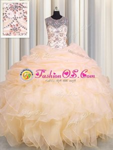 See Through Floor Length Peach Sweet 16 Dress Scoop Sleeveless Lace Up
