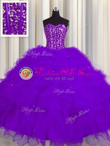 Modest Visible Boning Purple Lace Up Sweetheart Beading and Ruffles and Sequins Quinceanera Gown Tulle Sleeveless