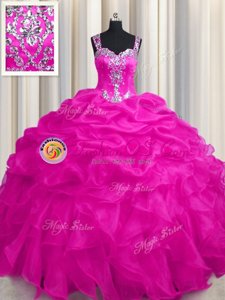 See Through Zipper Up Organza Straps Sleeveless Zipper Appliques and Ruffles and Ruffled Layers Quinceanera Gowns in Hot Pink