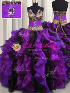 Leopard V Neck Multi-color Sleeveless Organza Lace Up Quinceanera Gown for Military Ball and Sweet 16 and Quinceanera