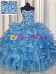 Fancy Visible Boning Baby Blue Quince Ball Gowns Military Ball and Sweet 16 and Quinceanera and For with Beading and Ruffles Strapless Sleeveless Lace Up
