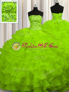 Deluxe Organza Sleeveless Sweet 16 Dresses Sweep Train and Beading and Ruffles