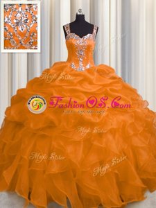 Sweet See Through Zipper Up Floor Length Ball Gowns Sleeveless Orange Ball Gown Prom Dress Zipper