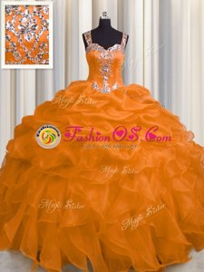 Sweet See Through Zipper Up Floor Length Ball Gowns Sleeveless Orange Ball Gown Prom Dress Zipper