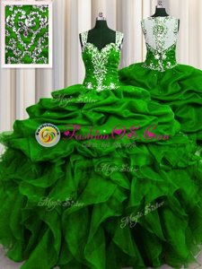 See Through Back Sleeveless Floor Length Beading and Ruffles and Sequins and Pick Ups Zipper Sweet 16 Dress with Green