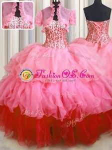 Charming Multi-color Ball Gowns Organza and Tulle Sweetheart Sleeveless Beading and Ruffles Floor Length Lace Up Quince Ball Gowns
