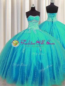 Big Puffy Aqua Blue Tulle Lace Up 15 Quinceanera Dress Sleeveless Floor Length Beading and Appliques