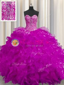 See Through Ball Gowns 15 Quinceanera Dress Fuchsia Sweetheart Organza Sleeveless Floor Length Lace Up