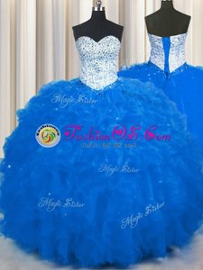 Popular Royal Blue Tulle Lace Up 15 Quinceanera Dress Sleeveless Floor Length Beading and Ruffles