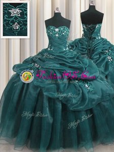 Best Selling Teal Ball Gowns Beading and Appliques and Ruffles Ball Gown Prom Dress Lace Up Organza Sleeveless Floor Length