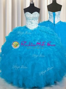 Low Price Baby Blue Sleeveless Tulle Lace Up Quince Ball Gowns for Military Ball and Sweet 16 and Quinceanera