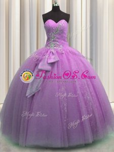 Exceptional Sequins Bowknot Sweetheart Sleeveless Lace Up Quince Ball Gowns Lilac Tulle