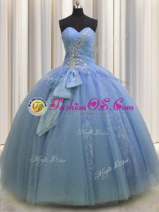 Light Blue Lace Up 15 Quinceanera Dress Beading and Sequins and Bowknot Sleeveless Floor Length
