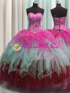 Visible Boning Multi-color Tulle Lace Up Sweet 16 Quinceanera Dress Sleeveless Floor Length Beading and Ruffles and Sequins