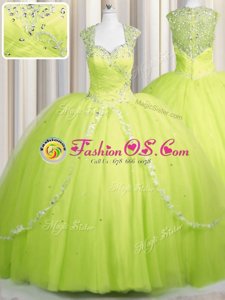 Customized Zipper Up Yellow Green Ball Gowns Tulle Sweetheart Cap Sleeves Beading and Appliques With Train Zipper Quinceanera Dress Brush Train