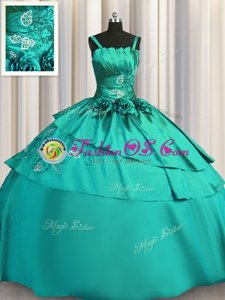 Embroidery Floor Length Turquoise Quinceanera Dress Spaghetti Straps Sleeveless Lace Up
