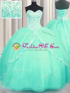 Designer Sleeveless With Train Beading and Appliques Lace Up Quince Ball Gowns with Turquoise Brush Train