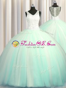 Big Puffy Zipper Up Apple Green Ball Gowns Tulle V-neck Sleeveless Beading and Appliques With Train Zipper Quinceanera Gown Brush Train