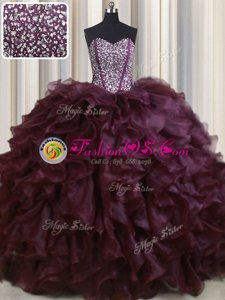 Fine Visible Boning Sleeveless Brush Train Lace Up With Train Beading and Ruffles Quince Ball Gowns