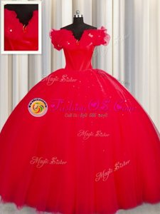 Nice Red Vestidos de Quinceanera Military Ball and Sweet 16 and Quinceanera and For with Ruching Off The Shoulder Short Sleeves Court Train Lace Up