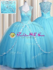 See Through Brush Train Baby Blue Sweetheart Neckline Beading and Appliques Ball Gown Prom Dress Cap Sleeves Zipper