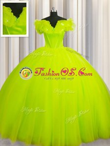 Sumptuous Off The Shoulder Short Sleeves Court Train Lace Up Vestidos de Quinceanera Yellow Green Tulle