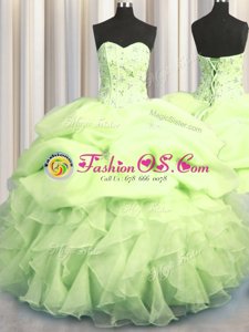 Enchanting Pick Ups Visible Boning Floor Length Ball Gowns Sleeveless Yellow Green Sweet 16 Dress Lace Up