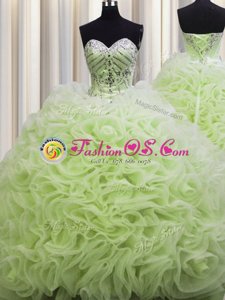 Sexy Rolling Flowers Brush Train Floor Length Yellow Green Quince Ball Gowns Sweetheart Sleeveless Lace Up